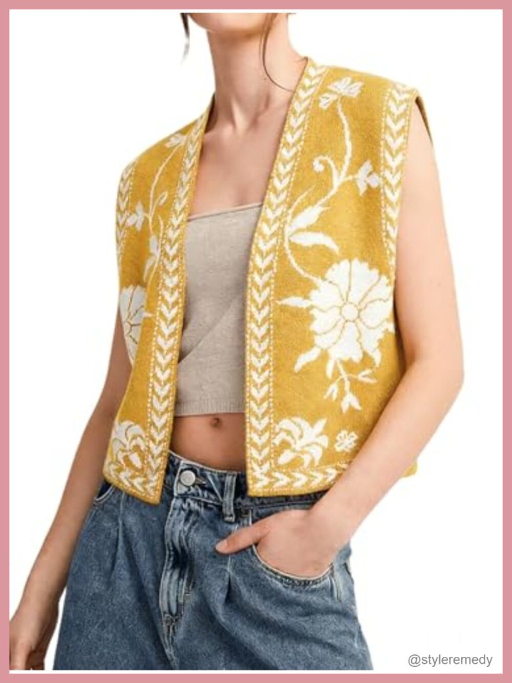 Sleeveless Knit Vest Floral Cropped Cardigan Acrylic Boho Sweater